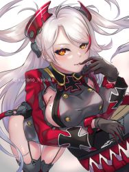 Rule 34 | 1girl, absurdres, artist name, azur lane, black gloves, blush, breasts, cross, feet out of frame, finger to mouth, garter straps, gloves, highres, iron cross, kurono hyouka, large breasts, looking at viewer, mole, mole on breast, multicolored hair, prinz eugen (azur lane), red hair, smirk, solo, standing, streaked hair, thigh gap, thighs, twitter username, two side up, white background, white hair, yellow eyes