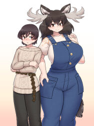 Rule 34 | 1boy, 1girl, :3, alternate breast size, animal ears, blush, breasts, brown eyes, brown hair, captain (kemono friends), closed mouth, cosplay, costume switch, crossed arms, curvy, feet out of frame, gradient background, grey hair, hand on own hip, hand up, height difference, highres, huge breasts, kemono friends, kemono friends 3, legs together, long hair, long sleeves, looking at viewer, mo23, moose (kemono friends), moose ears, moose girl, moose tail, multicolored hair, nose blush, overalls, pants, shirt, short hair, short sleeves, smile, standing, sweater, tail, two-tone hair