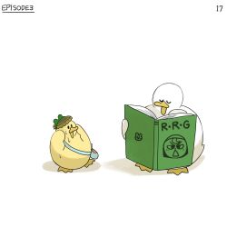 Rule 34 | bag, bird, book, bottle cap, closed eyes, diva (hyxpk), duck, duckling, english text, frog headband, hat, highres, no humans, numbered, original, reading, simple background, surprised, sweat, u u, white background