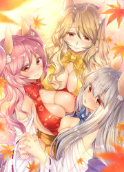 Rule 34 | 3girls, albino, animal ears, asymmetrical docking, blue bow, bow, breast press, breasts, brown hair, cleavage, closed mouth, detached sleeves, floral print, fox ears, hair between eyes, hatori mia, holding hands, large breasts, leaf, long hair, looking at viewer, maple leaf, mole, mole under eye, multiple girls, original, pink hair, red bow, red eyes, silver hair, smile, upper body, yellow bow