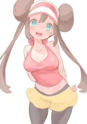 Rule 34 | 1girl, :d, arms behind back, bare arms, black pantyhose, blue eyes, bow, bowtie, breasts, brown hair, chorimokki, cleavage, cowboy shot, creatures (company), double bun, game freak, hair bun, low twintails, midriff, navel, nintendo, open mouth, pantyhose, pokemon, pokemon bw2, puffy shorts, rosa (pokemon), shorts, simple background, sleeveless, smile, solo, teeth, twintails, upper teeth only, visor cap, white background