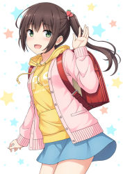 Rule 34 | 1girl, :d, backpack, bag, blue skirt, blush, breasts, brown hair, clothes writing, commentary request, drawstring, food-themed hair ornament, green eyes, hair between eyes, hair ornament, hair tie, hood, hood down, hoodie, jacket, long sleeves, nakamura sumikage, open clothes, open jacket, open mouth, original, pink jacket, randoseru, revision, side ponytail, sidelocks, simple background, skirt, sleeves past wrists, small breasts, smile, solo, star (symbol), starry background, strawberry hair ornament, white background, yellow hoodie