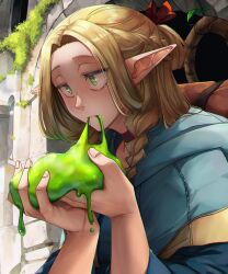 Rule 34 | 1girl, blonde hair, blue robe, braid, capelet, commentary, dungeon meshi, eating, elf, english commentary, green eyes, hair around ear, hair intakes, highres, holding, hood, hooded capelet, inkspirate, marcille donato, multiple braids, pointy ears, robe, slime (substance), solo, sprout, staff