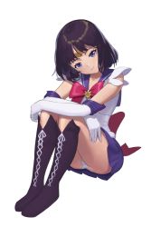 Rule 34 | 1girl, back bow, bishoujo senshi sailor moon, black hair, boots, bow, brooch, choker, circlet, closed mouth, cross-laced footwear, elbow gloves, full body, gloves, head tilt, knee boots, lace-up boots, leotard, looking at viewer, lud, magical girl, panties, pantyshot, pleated skirt, purple eyes, purple footwear, purple neckwear, purple sailor collar, purple skirt, red bow, sailor collar, sailor saturn, sailor senshi uniform, short hair, simple background, sitting, skirt, smile, solo, star brooch, tomoe hotaru, underwear, white background, white gloves