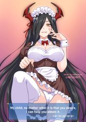 Rule 34 | 1girl, alternate costume, apron, artist name, azur lane, black hair, bow, bow panties, breasts, burbur, cameltoe, character name, cleft of venus, clothes lift, commentary, dress, english commentary, english text, friedrich der grosse (azur lane), from below, hair ornament, hair over one eye, hand to own mouth, horn ornament, horns, lifting own clothes, lips, long hair, looking at viewer, looking down, maid, maid apron, maid headdress, mechanical horns, panties, pantyshot, red horns, ribbon, skirt, skirt lift, smile, standing, thighhighs, underwear, upskirt, waist apron, watermark, white apron, white panties, white thighhighs, yellow eyes