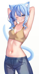 Rule 34 | 1girl, absurdres, animal ear fluff, animal ears, aoi zerii, armpits, blue eyes, blue hair, blue ribbon, blush, breasts, cat ears, cat girl, cat tail, collarbone, crop top, denim, fang, hair between eyes, hair ribbon, highres, hololive, hoshimachi suisei, jeans, looking at viewer, medium hair, midriff, navel, one eye closed, pants, ribbon, shirt, side ponytail, smile, solo, star (symbol), star in eye, symbol in eye, tail, virtual youtuber, yellow shirt