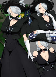 Rule 34 | 1girl, bare shoulders, black dress, black hat, black jacket, blush, breasts, cleavage, cleavage cutout, clothing cutout, cogita (pokemon), collarbone, commentary, creatures (company), cropped jacket, dress, elbow gloves, game freak, gloves, grey eyes, grey hair, hair bun, hair over one eye, hand up, hat, hat ornament, jacket, large breasts, looking at viewer, nintendo, one eye covered, open mouth, pokemon, pokemon legends: arceus, raised eyebrow, shimure (460), single hair bun, smile, solo, white gloves