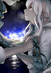 Rule 34 | 1boy, 1girl, highres, kagerou project, kozakura marry, long hair, looking at another, mikura (miraclemicro), night, night sky, red eyes, scarf, seto kousuke, silver hair, sky, solo focus