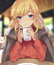 Rule 34 | 1girl, asagimu (tsuktsuk), black jacket, blonde hair, blue eyes, blurry, blurry background, blush, breasts, closed mouth, coffee mug, cup, depth of field, earrings, fur-trimmed jacket, fur trim, glint, heart, heart earrings, highres, holding, holding cup, idolmaster, idolmaster cinderella girls, jacket, jacket on shoulders, jewelry, long hair, long sleeves, medium breasts, mug, nail polish, ohtsuki yui, open clothes, open jacket, red nails, red sweater, smile, solo, steam, sweat, sweater, table, upper body