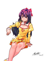 Rule 34 | 1girl, agent aika, aika (series), bow, breasts, cleavage cutout, closed mouth, clothing cutout, crossed legs, dated, delmo, delmogeny uniform, dress, golden delmo, hair bow, highres, invisible chair, juliet sleeves, long sleeves, looking at viewer, medium breasts, puffy sleeves, purple eyes, purple hair, red bow, rie petoriyacowa, ryusei hashida, shoes, signature, simple background, sitting, smile, solo, white background, yellow dress, yellow footwear
