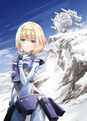 Rule 34 | 10s, 1girl, baby magnum, blonde hair, blue eyes, bodysuit, cannon, gloves, hairband, heavy object, highres, ice, looking at viewer, milinda brantini, mountain, object (vehicle), official art, open mouth, sailor collar, saitou sakae, short hair, solo, standing, weapon