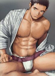 Rule 34 | 1boy, abs, bara, bare pectorals, bulge, chest hair, dark-skinned male, dark skin, excessive pubic hair, feet out of frame, gentle2nd, grey kimono, hairy, japanese clothes, kimono, large pectorals, leg hair, long sideburns, looking to the side, male focus, male pubic hair, muscular, muscular male, navel, navel hair, nipples, open clothes, open kimono, original, pectorals, pubic hair, short hair, sideburns, solo, spread legs, stomach, thick eyebrows, thick thighs, thighs