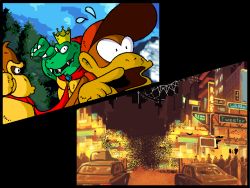 Rule 34 | 3boys, building, car, city, claws, clothes, crown, diddy kong, donkey kong, donkey kong (series), donkey kong country, fangs, fighting, ha (pixiv 3270761), hat, king k. rool, lights, male focus, mario (series), monkey, motor vehicle, multiple boys, night, nintendo, no humans, open mouth, paper mario, people, pointing, split screen, super mario bros. 1, super paper mario, surprised, teeth, vehicle