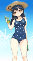 Rule 34 | 10s, 1girl, ahoge, bad id, bad nicoseiga id, bare shoulders, bikini, black hair, blush, bottle, bow, bow bikini, breasts, brown eyes, contrail, covered navel, crotch, gradient background, hat, holding, kantai collection, light smile, long hair, looking at viewer, neo-masterpeacer, one-piece swimsuit, polka dot, polka dot swimsuit, smile, solo, standing, straw hat, swimsuit, thick thighs, thigh gap, thighs, ushio (kancolle), wet