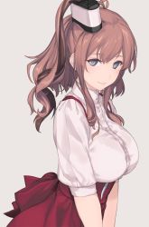 Rule 34 | 1girl, alternate costume, blue eyes, breasts, brown hair, closed mouth, collared shirt, dated, grey background, kantai collection, large breasts, light smile, long hair, looking at viewer, own hands together, pink shirt, ponytail, red skirt, rokuwata tomoe, saratoga (kancolle), shirt, short sleeves, side ponytail, sidelocks, simple background, skirt, smile, smokestack, solo, suspender skirt, suspenders, twitter username, upper body, v arms, white shirt
