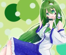 Rule 34 | 1girl, blue skirt, breasts, collared shirt, commentary, cookie (touhou), cross, detached sleeves, eyes visible through hair, facepaint, feet out of frame, frog hair ornament, green background, green eyes, green hair, hair between eyes, hair ornament, hair tubes, highres, jom0, kochiya sanae, long hair, looking at viewer, medium breasts, nontraditional miko, open mouth, paseri (cookie), shiny skin, shirt, skirt, sleeveless, sleeveless shirt, smile, snake hair ornament, solo, touhou, white shirt