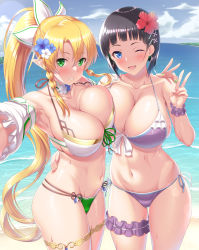 Rule 34 | 2girls, :d, arm around shoulder, arm around waist, asymmetrical docking, bikini, black hair, blonde hair, blue eyes, blue flower, blue sky, blush, braid, breast press, breasts, cleavage, cloud, collarbone, commentary request, dual persona, duplicate, female focus, flower, front-tie bikini top, front-tie top, green bikini, green eyes, green nails, hair between eyes, hair flower, hair ornament, halterneck, halterneck, hand on own hip, highres, huge breasts, kawase seiki, kirigaya suguha, leafa, bridal garter, leglet, long hair, looking at viewer, multiple girls, nail polish, navel, one eye closed, open mouth, outdoors, outstretched arm, pixel-perfect duplicate, pointy ears, ponytail, purple bikini, purple scrunchie, red flower, red nails, scrunchie, side-tie bikini bottom, sky, smile, standing, stomach, sweat, swimsuit, sword art online, thigh scrunchie, thigh strap, twin braids, v, very long hair, water, white flower, wink