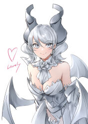 Rule 34 | 1girl, absurdres, bare shoulders, breasts, cleavage, cowboy shot, demon girl, demon horns, demon wings, dress, duel monster, grey eyes, grey hair, heart, highres, horns, large breasts, lovely labrynth of the silver castle, medium hair, meshida (lux-far-accelerator), simple background, smile, solo, strapless, strapless dress, twintails, white background, white dress, wings, yu-gi-oh!