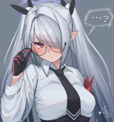Rule 34 | ...?, 1girl, armband, bespectacled, black gloves, black necktie, black ribbon, blue archive, blush, breasts, closed mouth, collared shirt, glasses, gloves, grey background, grey hair, hair between eyes, hair over one eye, hair ribbon, halo, highres, iori (blue archive), long hair, long sleeves, looking at viewer, medium breasts, necktie, pointy ears, red eyes, ribbon, round eyewear, shirt, sidelocks, simple background, solo, tsurumi kazane, twintails, upper body