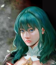 Rule 34 | 1girl, blue eyes, byleth (female) (fire emblem), byleth (fire emblem), closed mouth, detached collar, fire emblem, fire emblem: three houses, green hair, nintendo, portrait, simple background, solo, sword, sword of the creator, vijoux, weapon