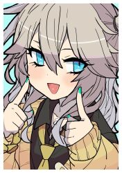 Rule 34 | 1girl, akichi 360, black shirt, blue background, blue eyes, blush, border, brown hair, cardigan, collared shirt, fingers to cheeks, green nails, hair between eyes, hands up, highres, jewelry, kasukabe tsumugi, long hair, long sleeves, looking at viewer, loose necktie, magatama, magatama necklace, messy hair, necklace, necktie, off shoulder, one side up, open cardigan, open clothes, open mouth, scrunchie, shirt, simple background, smile, solo, thick eyelashes, upper body, voicevox, white border, wrist scrunchie, yellow cardigan, yellow necktie