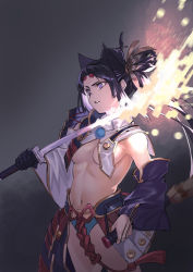 Rule 34 | 1girl, armor, asymmetrical sleeves, black hair, black hat, blue eyes, blue panties, breasts, detached sleeves, fate/grand order, fate (series), glowing, glowing weapon, hat, highres, holding, holding sword, holding weapon, japanese armor, katana, kusazuri, long hair, mismatched sleeves, navel, panties, pom pom (clothes), revealing clothes, sheath, side ponytail, solo, sword, underwear, user hysd4435, ushiwakamaru (fate), weapon