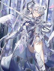 Rule 34 | 1girl, absurdres, armor, breastplate, cleavage cutout, clothing cutout, demon girl, demon horns, dual wielding, duel monster, feet out of frame, gauntlets, greaves, grey eyes, grey hair, hair between eyes, highres, holding, holding sword, holding weapon, horns, lady labrynth of the silver castle, lovely labrynth of the silver castle, pointy ears, solo, sword, tallyho221, thighhighs, twintails, twitter username, weapon, yu-gi-oh!