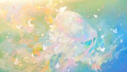 Rule 34 | animal, animal focus, bug, butterfly, colorful, crescent, falling petals, highres, insect, jellyfish, moon, ningmeng manyou, no humans, original, petals, pink petals, procreate (medium), sparkle, white butterfly