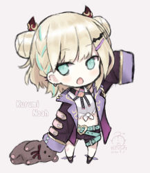 Rule 34 | 1girl, :o, arm up, bad id, bad pixiv id, bat hair ornament, belt, belt buckle, black footwear, black shorts, blonde hair, buckle, capriccio, chibi, commentary request, dated, double bun, fang, full body, green belt, green eyes, grey background, hair bun, hair ornament, hairclip, heart, holding, holding stuffed toy, horns, iris black games, jacket, kurumi noah, long sleeves, looking at viewer, lupinus virtual games, midriff, multicolored hair, navel, open clothes, open jacket, open mouth, purple jacket, shirt, short shorts, shorts, signature, simple background, sleeves past fingers, sleeves past wrists, solo, standing, streaked hair, stuffed animal, stuffed toy, teddy bear, tied shirt, virtual youtuber, vspo!, white shirt