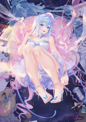 Rule 34 | 1girl, :d, artist name, atdan, bare arms, bare legs, bare shoulders, blue bow, blue eyes, blue hair, blue nails, blush, bow, breasts, collarbone, commentary, dress, feet, full body, haiyi, hand up, hat, highres, holding, jellyfish, jewelry, knees up, large breasts, long hair, looking at viewer, nail polish, necklace, open mouth, paintbrush, palette (object), paper, pen, pencil, sandals, sidelocks, smile, solo, star (sky), synthesizer v, thighs, toes, white dress, white footwear