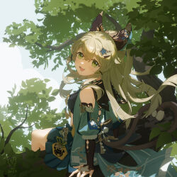 Rule 34 | 1girl, :d, absurdres, animal ears, bear minstrel, black sailor collar, blue skirt, cat ears, cat tail, dappled sunlight, day, detached sleeves, fang, floating hair, flower, genshin impact, green eyes, green hair, hair between eyes, hair flower, hair ornament, hairclip, heart, heart tail, highres, in tree, kirara (genshin impact), long hair, long sleeves, looking back, miniskirt, multiple tails, open mouth, outdoors, pleated skirt, sailor collar, sitting, sitting in tree, skin fang, skirt, smile, solo, sunlight, tail, tree, two tails