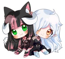 Rule 34 | 2girls, :3, ahoge, animal ear fluff, animal ears, asaki amber, black dress, black hair, blunt bangs, blush, breasts, chibi, cleavage, closed mouth, commentary, corset, demon girl, demon horns, dress, english commentary, facial mark, fishnet top, fishnets, forehead, fox ears, fox girl, fox tail, green eyes, hair over one eye, heart o-ring, horns, indie virtual youtuber, legs apart, long hair, looking at viewer, multicolored hair, multiple girls, parted bangs, pink footwear, pink hair, pointy ears, simple background, smile, streaked hair, tail, thigh strap, toriklepto, toriklepto3, two-tone hair, virtual youtuber, whisker markings, white background, white hair, yellow eyes