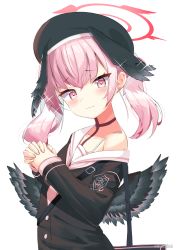 Rule 34 | 1girl, bare shoulders, beret, black hat, black shirt, black wings, blue archive, choker, closed mouth, collarbone, commentary request, feathered wings, halo, hat, head wings, highres, koharu (blue archive), long hair, long sleeves, looking at viewer, neckerchief, odeclea, off shoulder, own hands clasped, own hands together, pink eyes, pink hair, pink neckerchief, red choker, sailor collar, school uniform, serafuku, shirt, signature, simple background, sleeves past wrists, solo, upper body, wavy mouth, white background, white sailor collar, wings