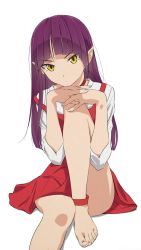 Rule 34 | 1girl, akagi (fmttps), bad id, bad pixiv id, barefoot, choker, commentary request, dress, feet, gegege no kitarou, hair down, highres, long hair, long sleeves, looking at viewer, nekomusume, nekomusume (gegege no kitarou 6), pointy ears, purple hair, red choker, red dress, shirt, simple background, sitting, solo, toes, white background, white shirt, yellow eyes