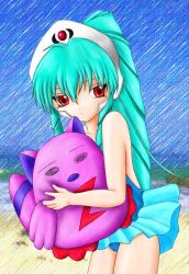 Rule 34 | 00s, 1girl, beach, broccoli (company), galaxy angel, green hair, looking at viewer, normad, outdoors, red eyes, solo, swimsuit, tagme, vanilla h