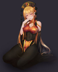 Rule 34 | 1girl, arm support, bare shoulders, black background, black dress, blonde hair, blush, breasts, chinese clothes, cleavage, closed mouth, commentary request, covered erect nipples, covered navel, crescent, detached sleeves, dress, hair between eyes, hand to own mouth, hand up, hat, highres, junko (touhou), large breasts, long hair, long sleeves, looking at viewer, pom pom (clothes), red eyes, seiza, simple background, sitting, sleeves past wrists, solo, tabard, touhou, very long hair, wide sleeves, z.o.b