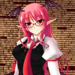 Rule 34 | 1girl, bat wings, bespectacled, blush, breasts, glasses, head wings, koakuma, large breasts, library, long hair, looking at viewer, necktie, pointy ears, red-framed eyewear, red eyes, red necktie, smile, solo, touhou, wings, yumi (careca398)