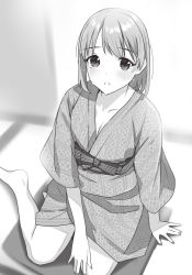 Rule 34 | 1girl, bare legs, barefoot, blurry, blurry background, blush, crying, depth of field, doushimasho, greyscale, highres, indoors, japanese clothes, kimono, long sleeves, monochrome, on floor, open mouth, original, short hair, sitting, solo, streaming tears, tearing up, tears