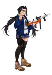 Rule 34 | 1girl, :t, ankle boots, artist name, assault rifle, black hair, black thighhighs, blue jacket, blue skirt, boots, brown footwear, closed mouth, commission, cross-laced footwear, dagger, dated, full body, goggles, gun, hand up, handgun, highres, holding, holding gun, holding weapon, holster, jacket, knife, looking at viewer, middle finger, miniskirt, mouth hold, necktie, original, pistol, pleated skirt, pouch, rifle, shirt, skirt, solo, standing, striped necktie, striped neckwear, temachii, thigh holster, thighhighs, transparent background, trigger discipline, untucked shirt, weapon, white shirt, yellow eyes, yellow necktie