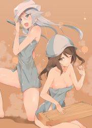 Rule 34 | 2girls, bare shoulders, blue hat, breasts, brown background, cleavage, closed mouth, commentary request, dixie cup hat, flint (girls und panzer), girls und panzer, grey eyes, grey hair, grey towel, hat, highres, holding, holding instrument, holding microphone, instrument, invisible chair, kantele, large breasts, lens flare, light particles, long hair, looking at viewer, microphone, mika (girls und panzer), military hat, multiple girls, muteki soda, naked towel, on one knee, one eye closed, open mouth, pinky out, shadow, sitting, skindentation, smile, steam, towel, white hat