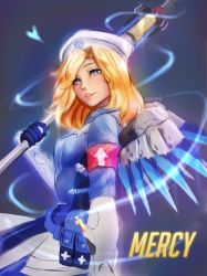 Rule 34 | 1girl, absurdres, alternate hairstyle, armband, artist name, belt, beret, blonde hair, blue bodysuit, blue eyes, blue wings, bodysuit, breasts, character name, combat medic ziegler, cowboy shot, from side, glowing, glowing wings, hat, heart, highres, holding, holding staff, lipstick, long sleeves, looking to the side, makeup, mechanical wings, medium breasts, mercy (overwatch), naoyi, nose, official alternate costume, overwatch, overwatch 1, parted lips, pink lips, pouch, short hair, smile, solo, spread wings, staff, teeth, utility belt, white hat, wings