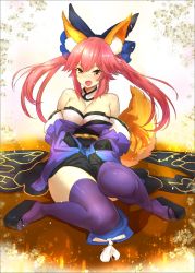 Rule 34 | 10s, 1girl, animal ears, bare shoulders, between legs, bow, crystal shoujo, fang, fate/extra, fate (series), fox ears, fox tail, hair bow, hand between legs, highres, platform footwear, sitting, solo, tail, tamamo (fate), tamamo no mae (fate/extra), thighhighs, twintails