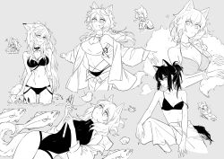 Rule 34 | 5girls, alternate costume, animal ears, arknights, arm tattoo, bikini, braid, breasts, casual one-piece swimsuit, chibi, choker, cigarette, cleavage, cropped legs, extra ears, fish, fishing rod, flower, fluffy, grey background, greyscale, hair between eyes, hair flower, hair ornament, highleg, highleg swimsuit, highres, holding, holding cigarette, holding fishing rod, holding tail, jacket, jewelry, kaleka, lappland (arknights), large breasts, long hair, lying, material growth, monochrome, multiple girls, navel, necklace, official alternate costume, one-piece swimsuit, open clothes, open fly, open jacket, oripathy lesion (arknights), pants, ponytail, projekt red (arknights), projekt red (light breeze) (arknights), provence (arknights), ring, sidelocks, simple background, small breasts, smoking, stomach, strap slip, swimsuit, tail, tattoo, texas (arknights), wading, water, wet, wolf ears, wolf girl, wolf tail