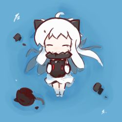 Rule 34 | 10s, 1girl, :3, abyssal ship, ahoge, chibi, damaged, closed eyes, floating, highres, horns, kantai collection, long hair, mittens, monster, northern ocean princess, nuu (nu-nyu), pale skin, smile, solo, tears, white hair
