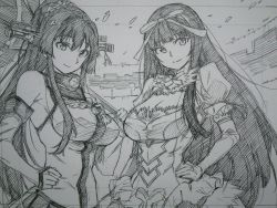 Rule 34 | 10s, 2girls, aoki hagane no arpeggio, blunt bangs, bow, breasts, cherry blossoms, cleavage, cleavage cutout, clothing cutout, collar, detached sleeves, dress, elbow gloves, flower, gloves, greyscale, hair between eyes, hair bow, hair flower, hair ornament, hair ribbon, hand on own hip, headgear, highres, hime cut, kantai collection, kojima takeshi, lace, lace-trimmed dress, lace trim, large breasts, long hair, looking at viewer, monochrome, multiple girls, name connection, oil-paper umbrella, ponytail, puffy sleeves, ribbon, rope, sketch, smile, umbrella, upper body, very long hair, yamato (aoki hagane no arpeggio), yamato (kancolle)