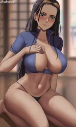 Rule 34 | 1girl, artist name, ass, black hair, black panties, blue eyes, blurry, blurry background, blush, breasts, closed mouth, collarbone, curvy, eyewear on head, forehead, highres, huge ass, indoors, large breasts, light smile, long hair, navel, nico robin, on floor, one piece, oroborus, panties, seiza, shiny skin, short sleeves, sitting, solo, thong, underwear, very long hair, wide hips, zipper pull tab
