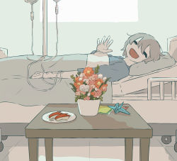 Rule 34 | absurdres, avogado6, bed, commentary request, closed eyes, flower, flower pot, food, green hair, hand wave, highres, hospital, hospital bed, indoors, intravenous drip, on bed, open mouth, origami, original, paper crane, pillow, plate, shadow, smile, table