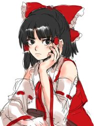 Rule 34 | 1girl, bare shoulders, black eyes, black hair, blunt bangs, bow, commentary request, detached sleeves, fingernails, frills, frown, glaring, hair bow, hair tubes, hakurei reimu, hand on own cheek, hand on own face, hand up, highres, korean commentary, kuya (hey36253625), long sleeves, nostrils, red bow, simple background, sketch, solo, touhou, white background