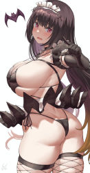 Rule 34 | 1girl, alternate costume, ass, back, bat (animal), bikini, black bikini, black gloves, black skirt, black thighhighs, blush, breasts, brown hair, butt crack, choker, cleavage, collarbone, covered erect nipples, dimples of venus, elbow gloves, enmaided, fate/grand order, fate (series), fishnet thighhighs, fishnets, frills, from behind, gloves, gradient hair, highleg, highleg bikini, highres, huge breasts, large breasts, layered skirt, long hair, looking at viewer, looking back, low twintails, maid, maid bikini, maid headdress, microskirt, miniskirt, multicolored hair, open mouth, origami, osakabehime (fate), pointing, pointing at viewer, puffy short sleeves, puffy sleeves, purple eyes, short sleeves, side-tie bikini bottom, sideboob, simple background, skindentation, skirt, solo, sweatdrop, swimsuit, thick thighs, thighhighs, thighs, thong bikini, twintails, unconventional maid, underboob, uo denim, very long hair, wavy mouth, white background, white skirt, wide hips