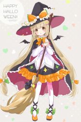 Rule 34 | 1girl, bat wings, beige background, black hat, blunt bangs, bow, bowtie, broom, commentary request, dress, fake wings, flats, footwear bow, footwear ribbon, frilled cape, frilled dress, frills, full body, green bow, halloween, hat, hat bow, highres, holding, holding broom, idolmaster, idolmaster cinderella girls, idolmaster cinderella girls starlight stage, long hair, long sleeves, looking at viewer, low-tied long hair, motimotica, orange bow, orange bowtie, orange footwear, pantyhose, parted lips, platinum blonde hair, puffy long sleeves, puffy sleeves, red bow, shoes, sidelocks, solo, two-tone bow, two-tone cape, very long hair, white pantyhose, wings, witch hat, yellow bow, yorita yoshino